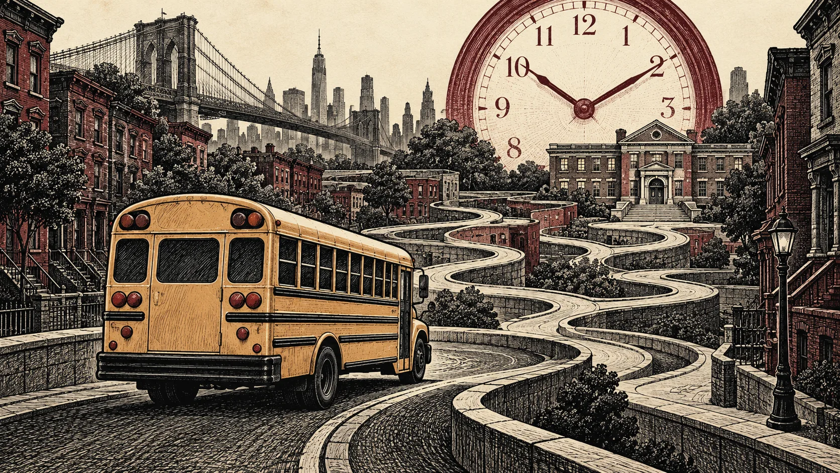 Symbolic engraved illustration of a school bus on winding city streets beneath a large clock.