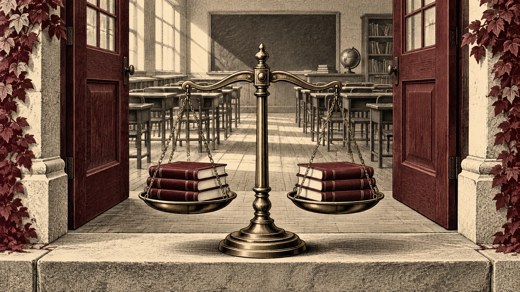 Editorial illustration of balanced scales holding books before an open classroom