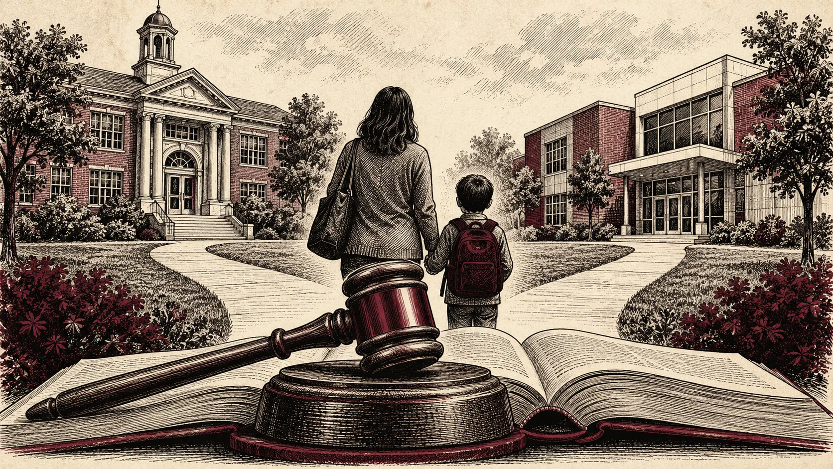 Symbolic engraved illustration of a parent and child facing two school buildings above a gavel and open book.