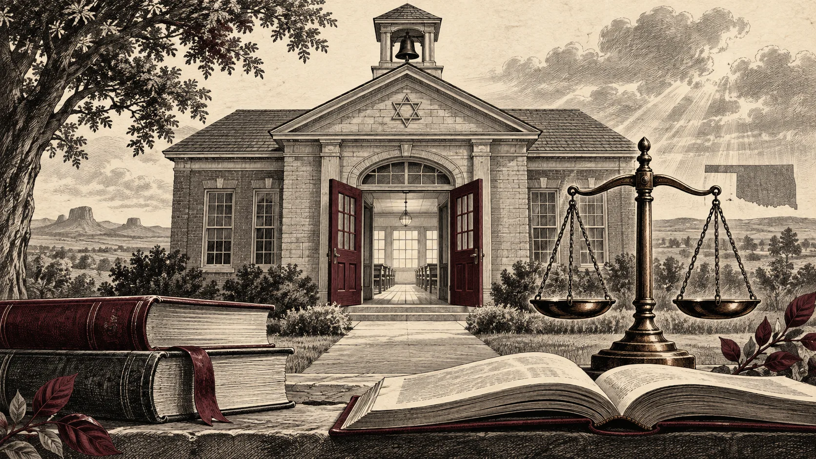 Editorial illustration of an open schoolhouse, books and balanced justice scales.