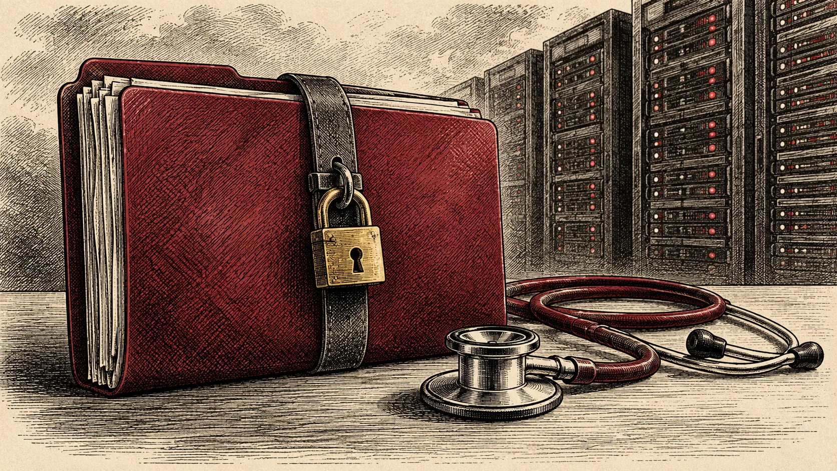 Engraved illustration of a locked medical-record folder and stethoscope in front of server cabinets.