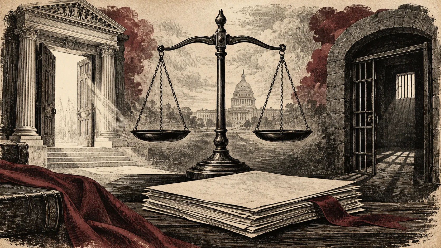 Editorial illustration of scales of justice between courthouse and prison doorways