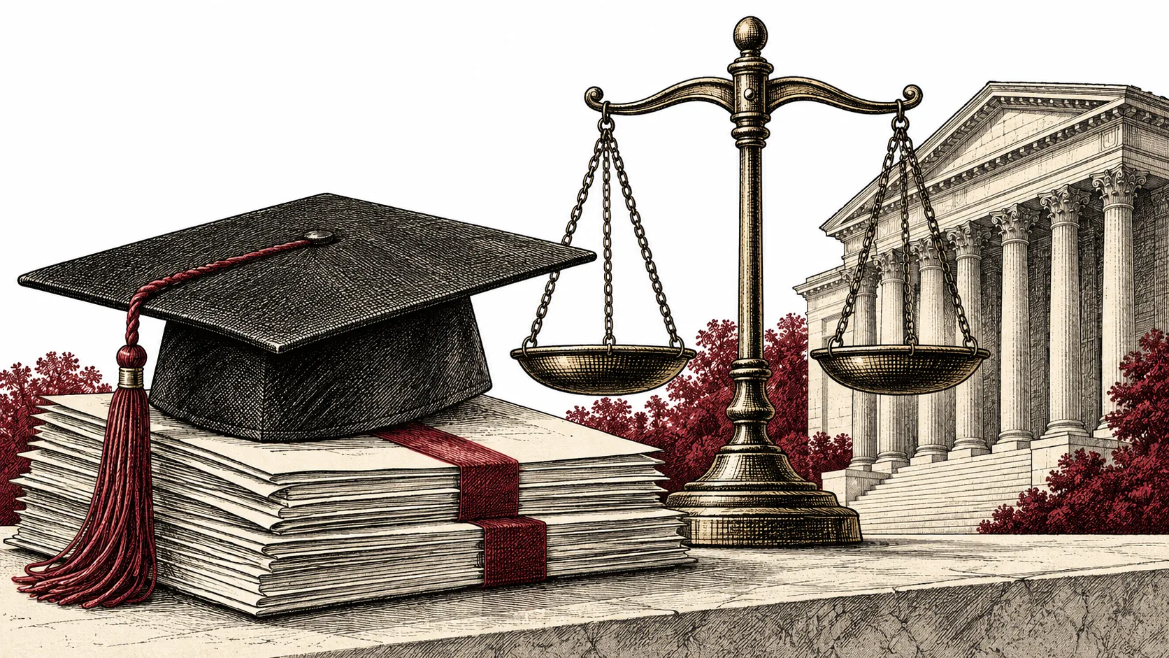 Engraved illustration of a graduation cap, documents, balanced scales and a courthouse.