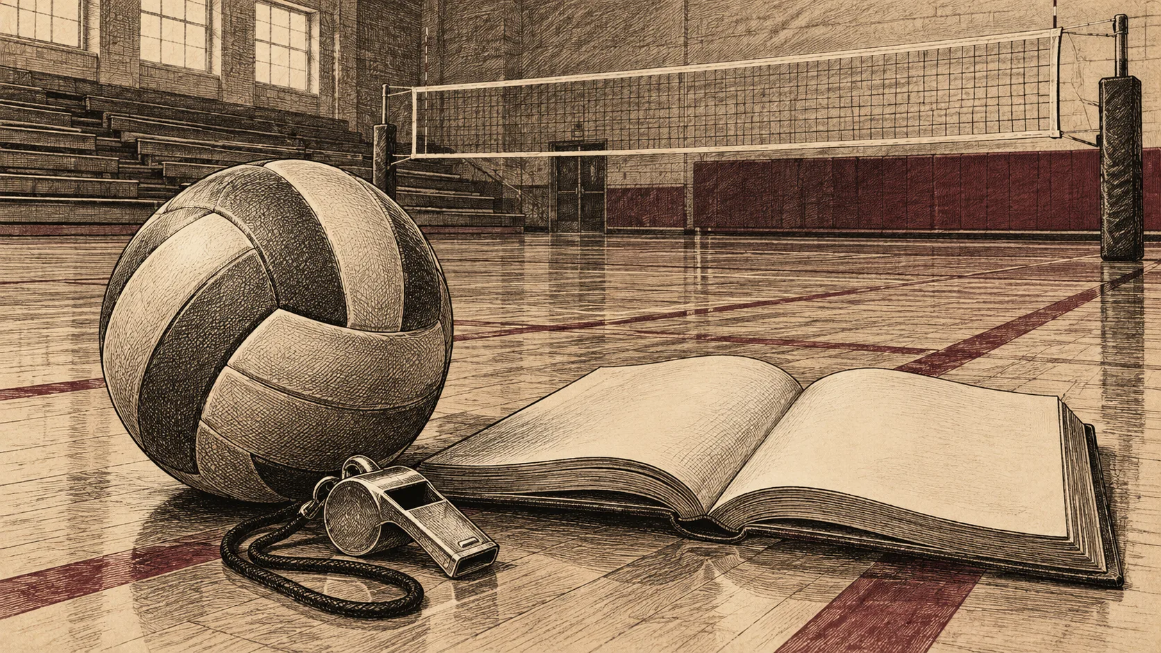 Engraved illustration of a volleyball, whistle and blank rulebook in an empty gym.