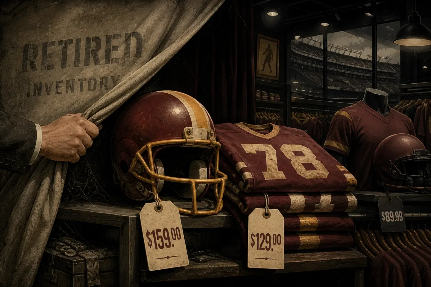 Editorial illustration of burgundy-and-gold throwback football merchandise emerging from retired inventory with prominent price tags