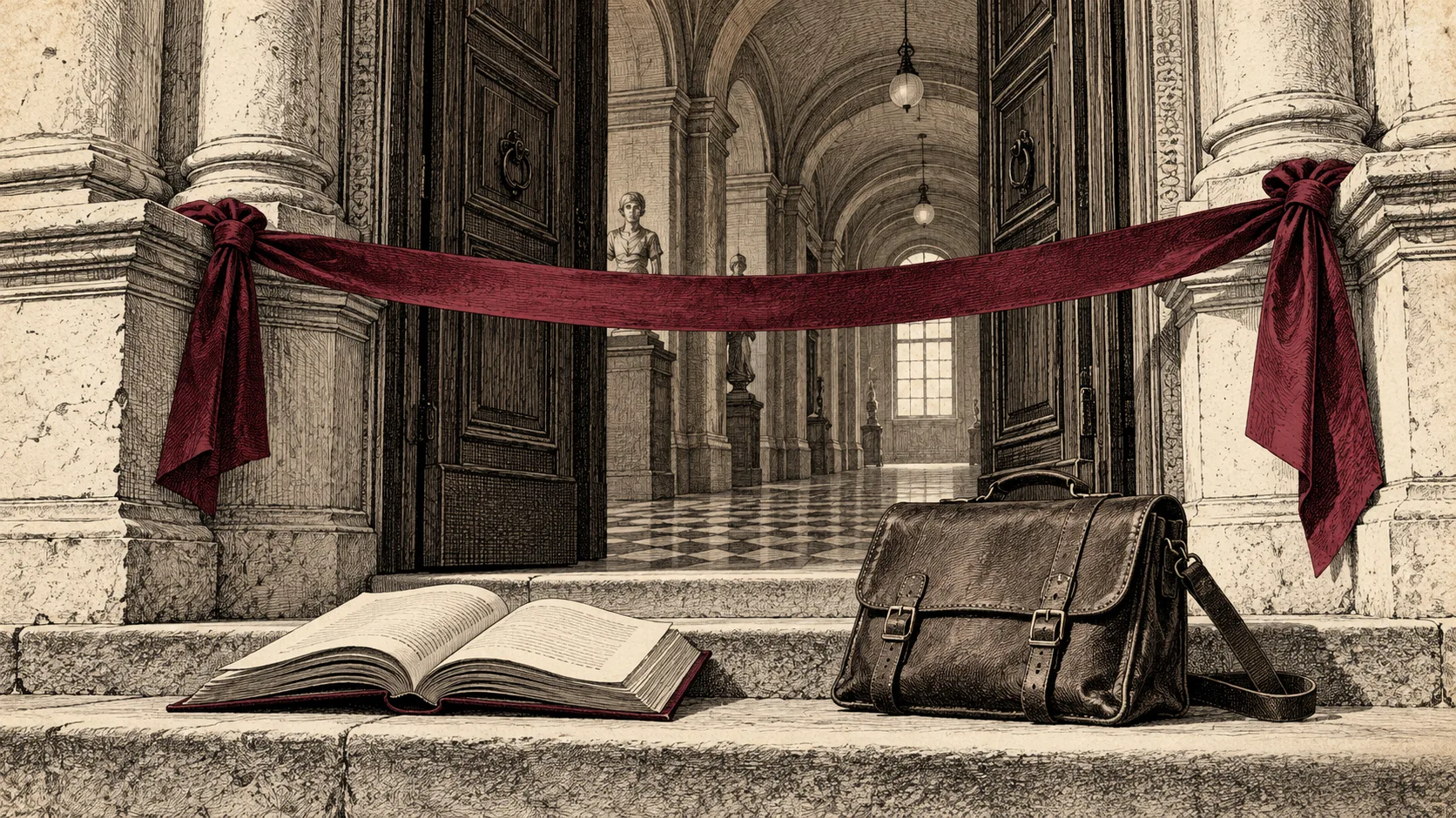 Engraved illustration of a book and satchel before a doorway crossed by a ribbon.