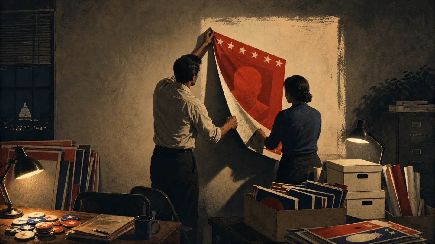 Campaign workers remove a red political poster from an office wall.