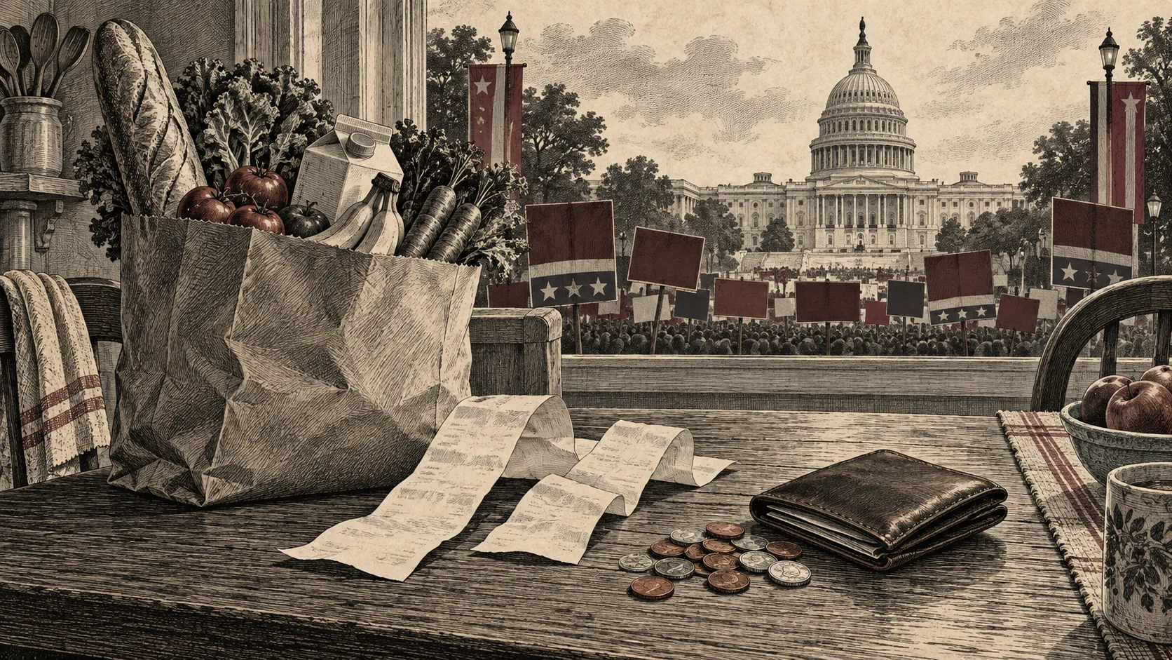 Editorial illustration of groceries, receipts and a wallet with the Capitol and campaign signs in the background.