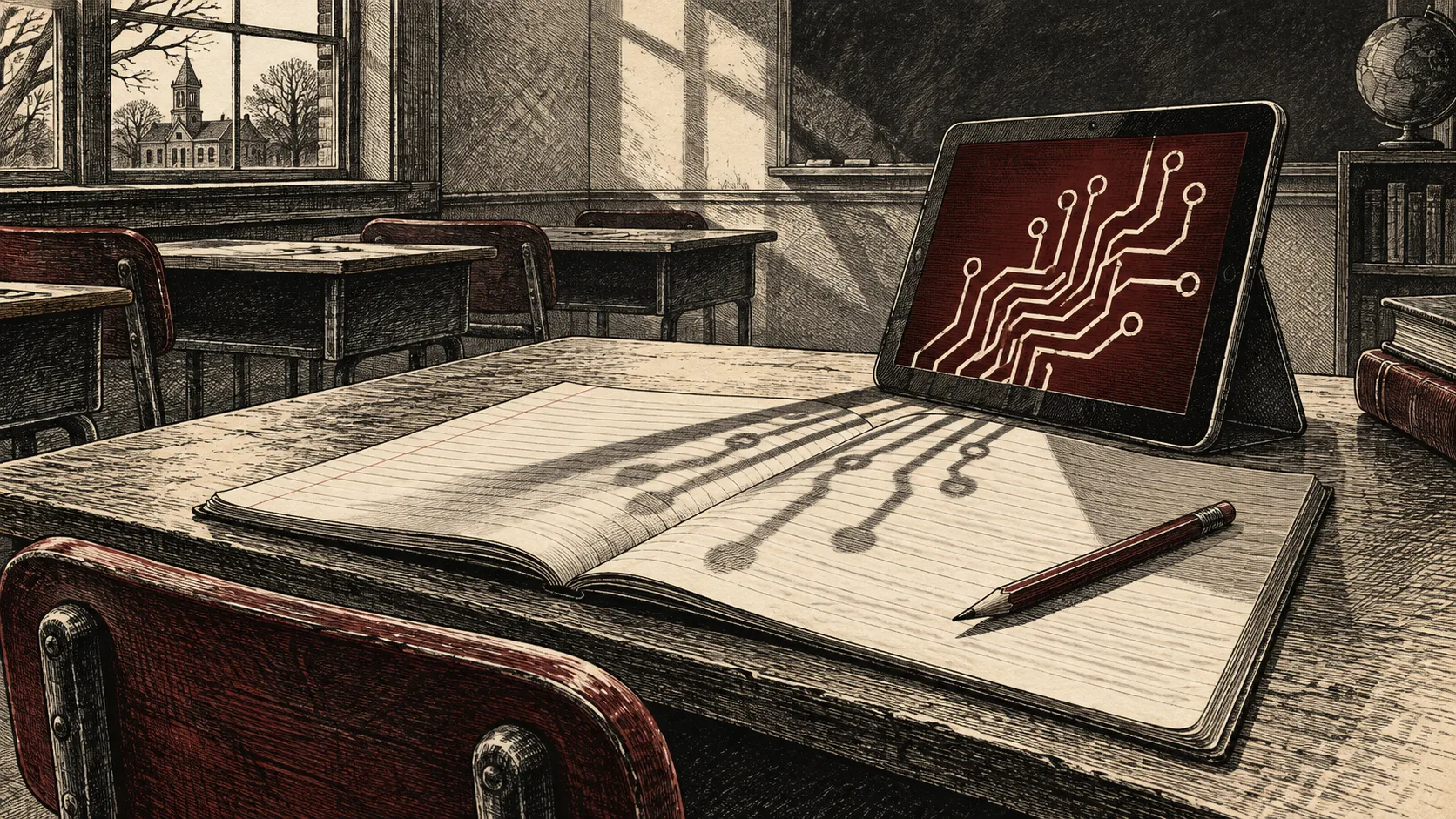 Editorial illustration of a classroom tablet casting circuit-shaped shadows across a notebook