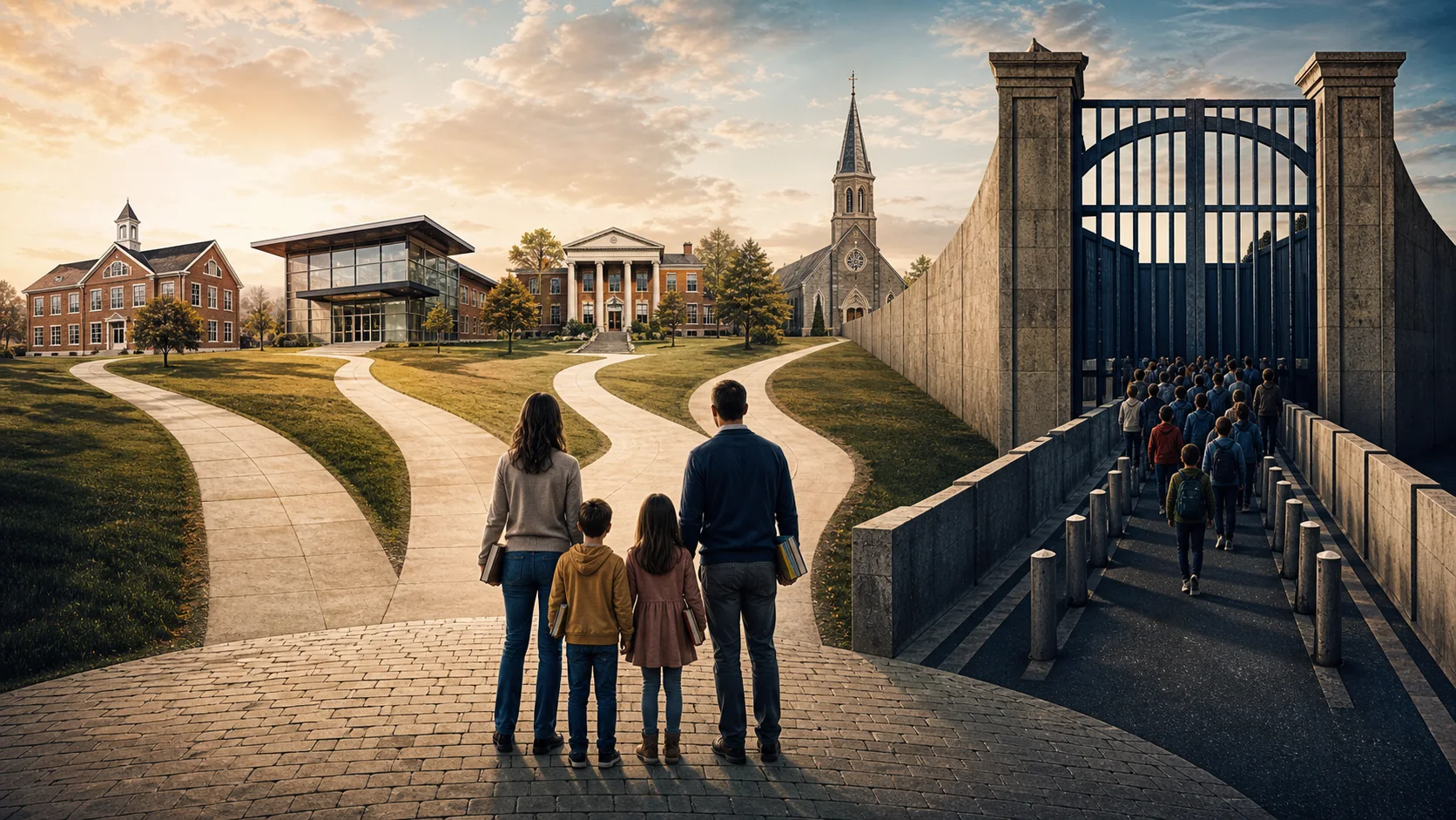 Editorial illustration of a family choosing among several schools while an institutional gate funnels others toward one route