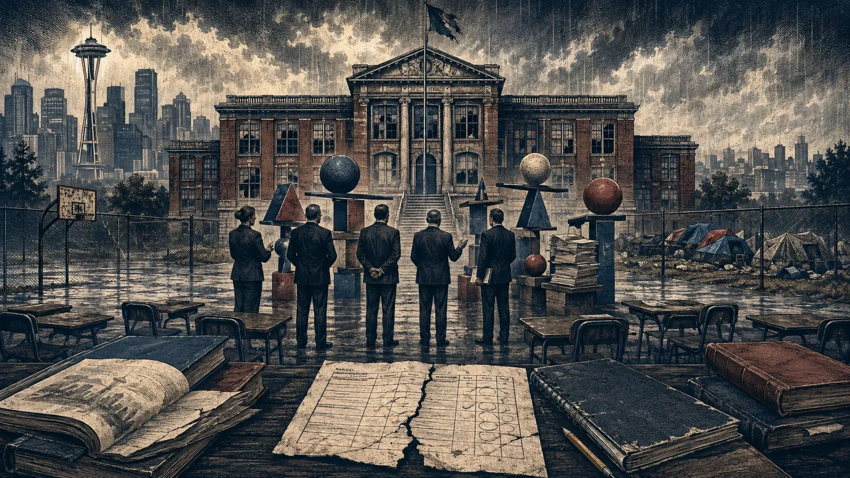 Editorial illustration of a deteriorating Seattle public school, empty desks, administrators and an encampment beyond the school fence