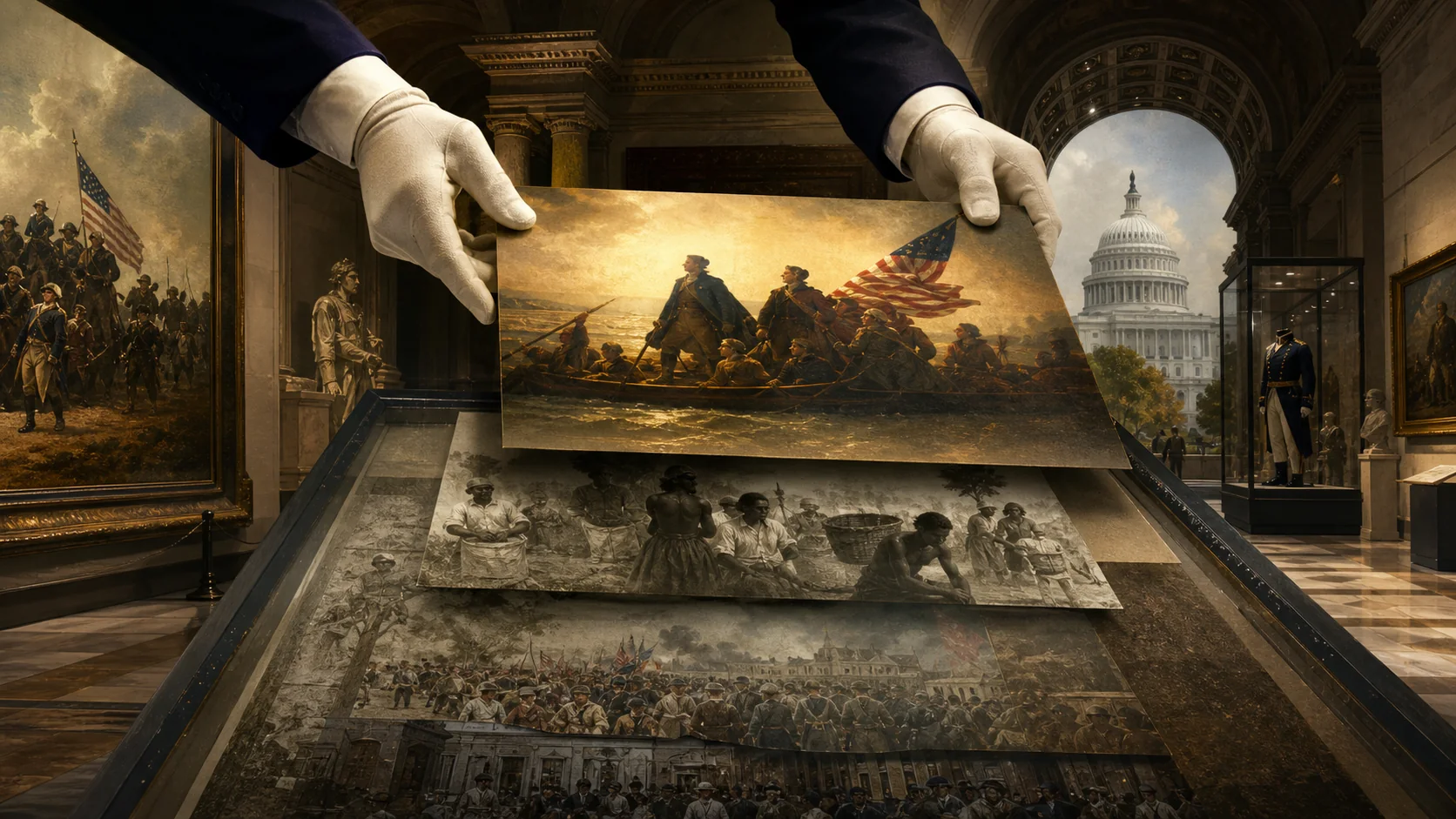 Editorial illustration of competing layers of American history being arranged inside a national museum