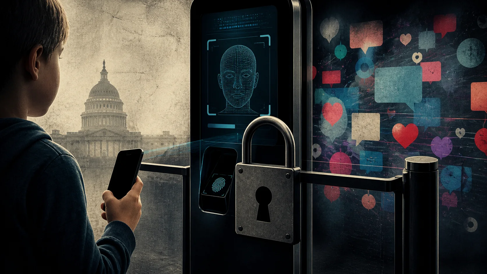 Editorial illustration of a child approaching a locked social-media checkpoint with biometric verification