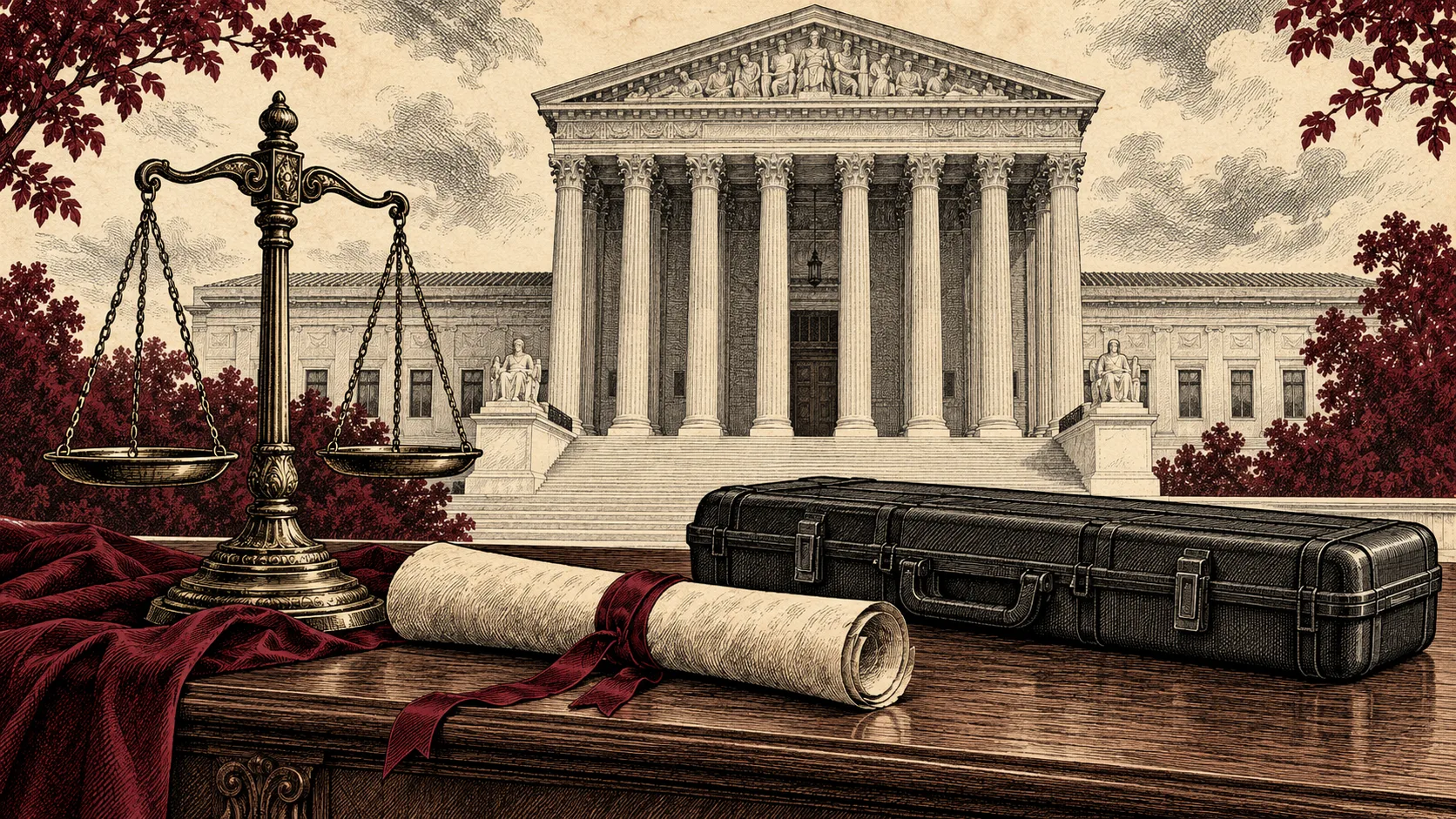 Editorial illustration of the Supreme Court with a balance scale, parchment and a closed rifle case.