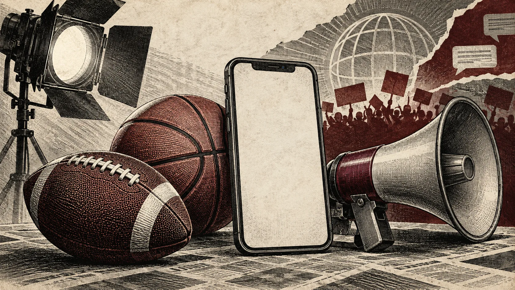 Editorial illustration of sports equipment, a smartphone, spotlight and megaphone