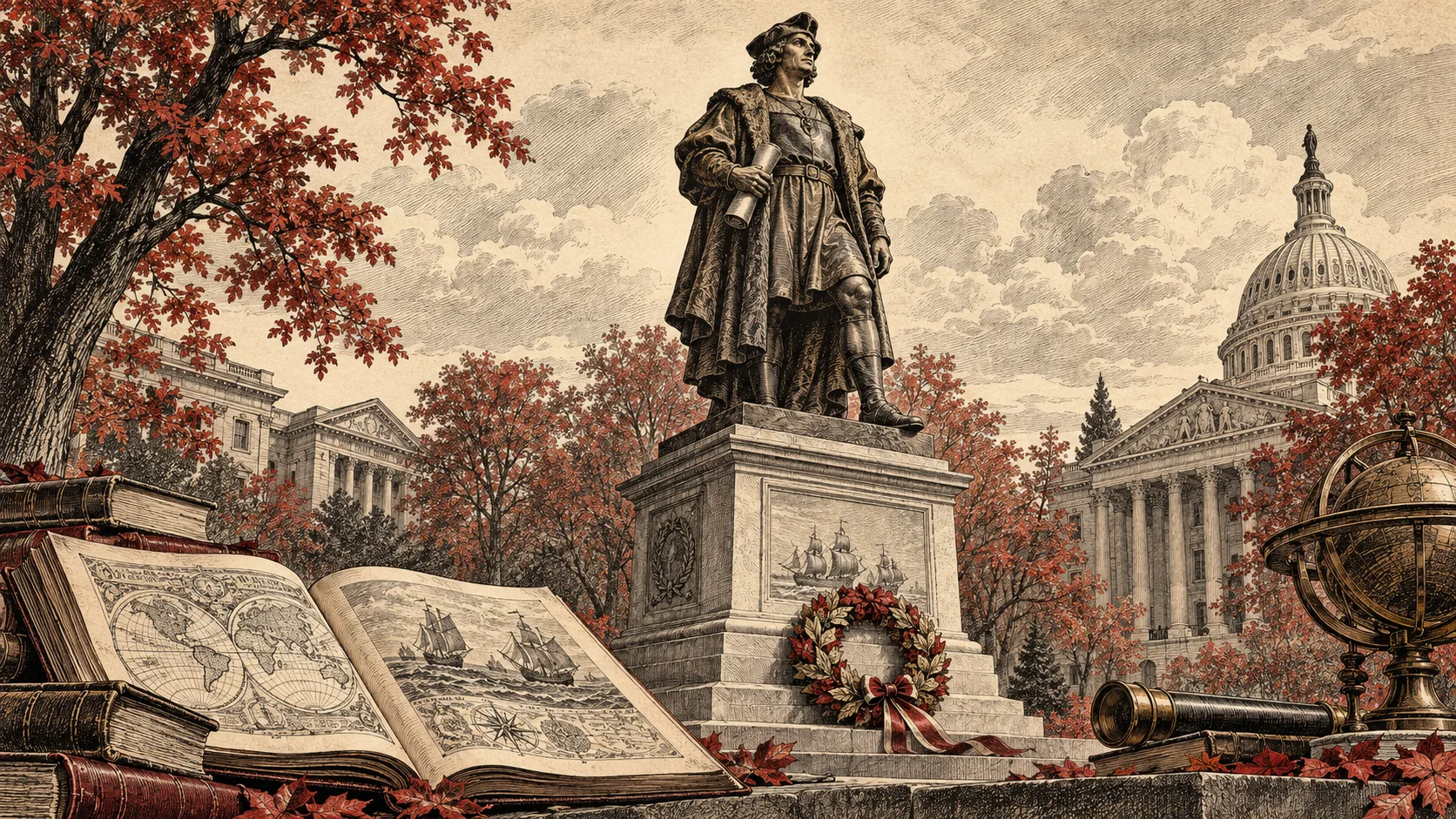 Symbolic engraved illustration of an explorer monument with a wreath and open history books in a civic square.