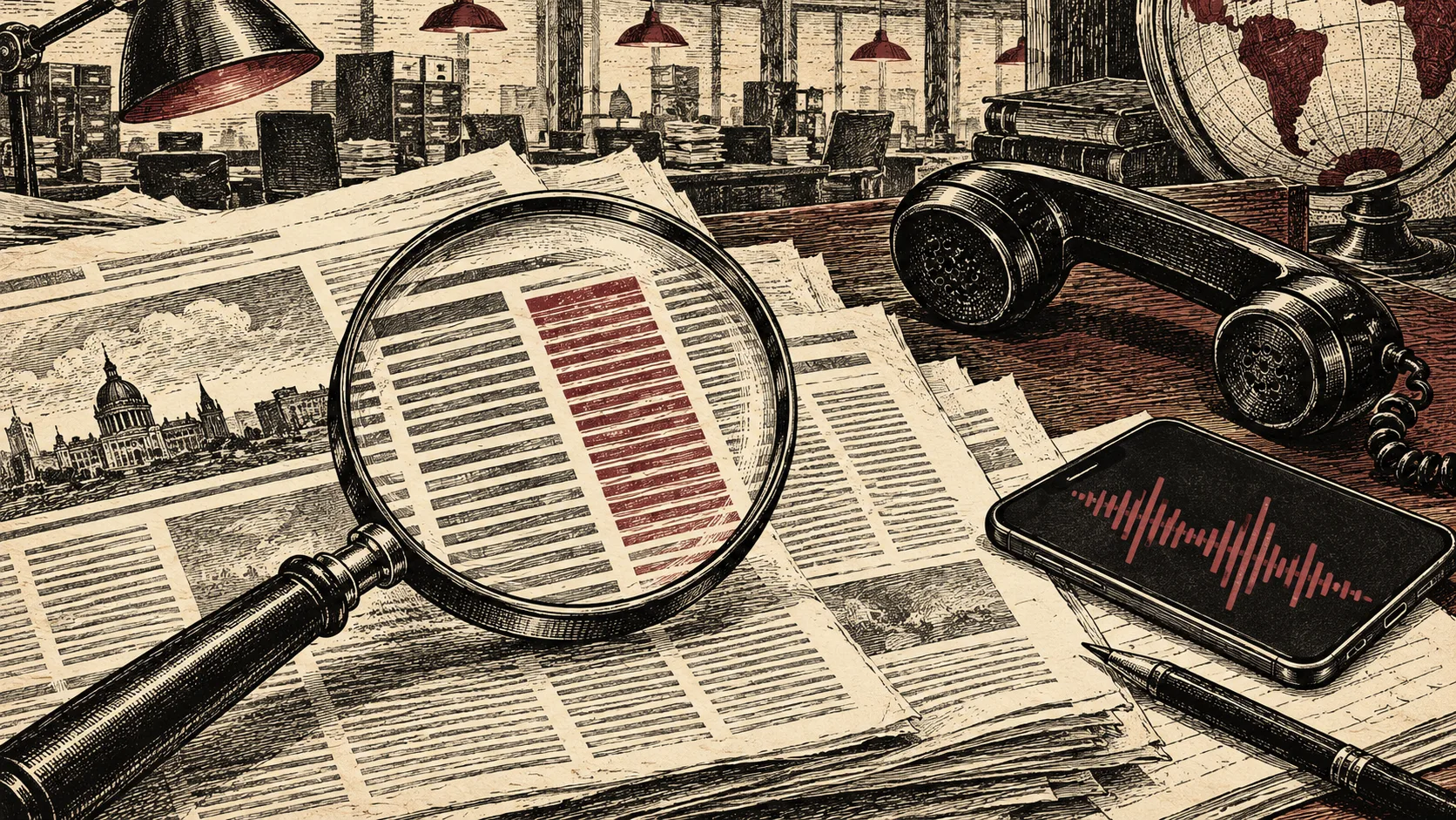Engraved illustration of a magnifying glass over newspapers beside a telephone and an abstract audio waveform.