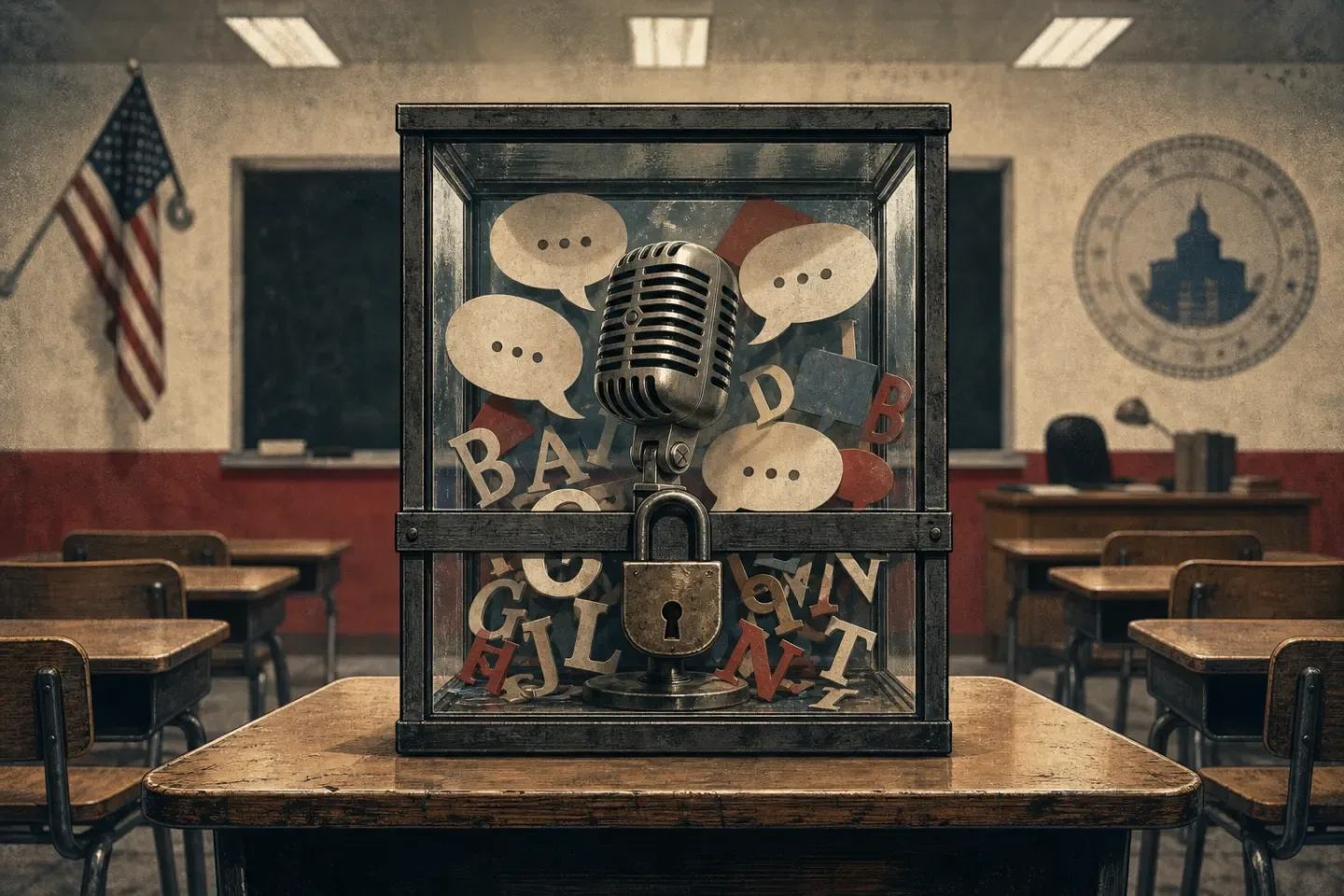 Editorial illustration of a locked microphone and trapped speech bubbles inside a public school classroom