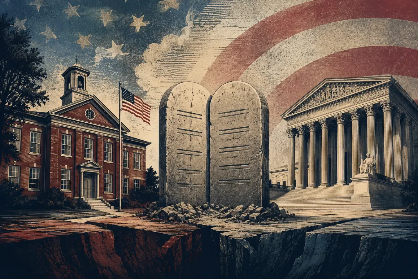 Editorial illustration of stone tablets between a public school and the Supreme Court