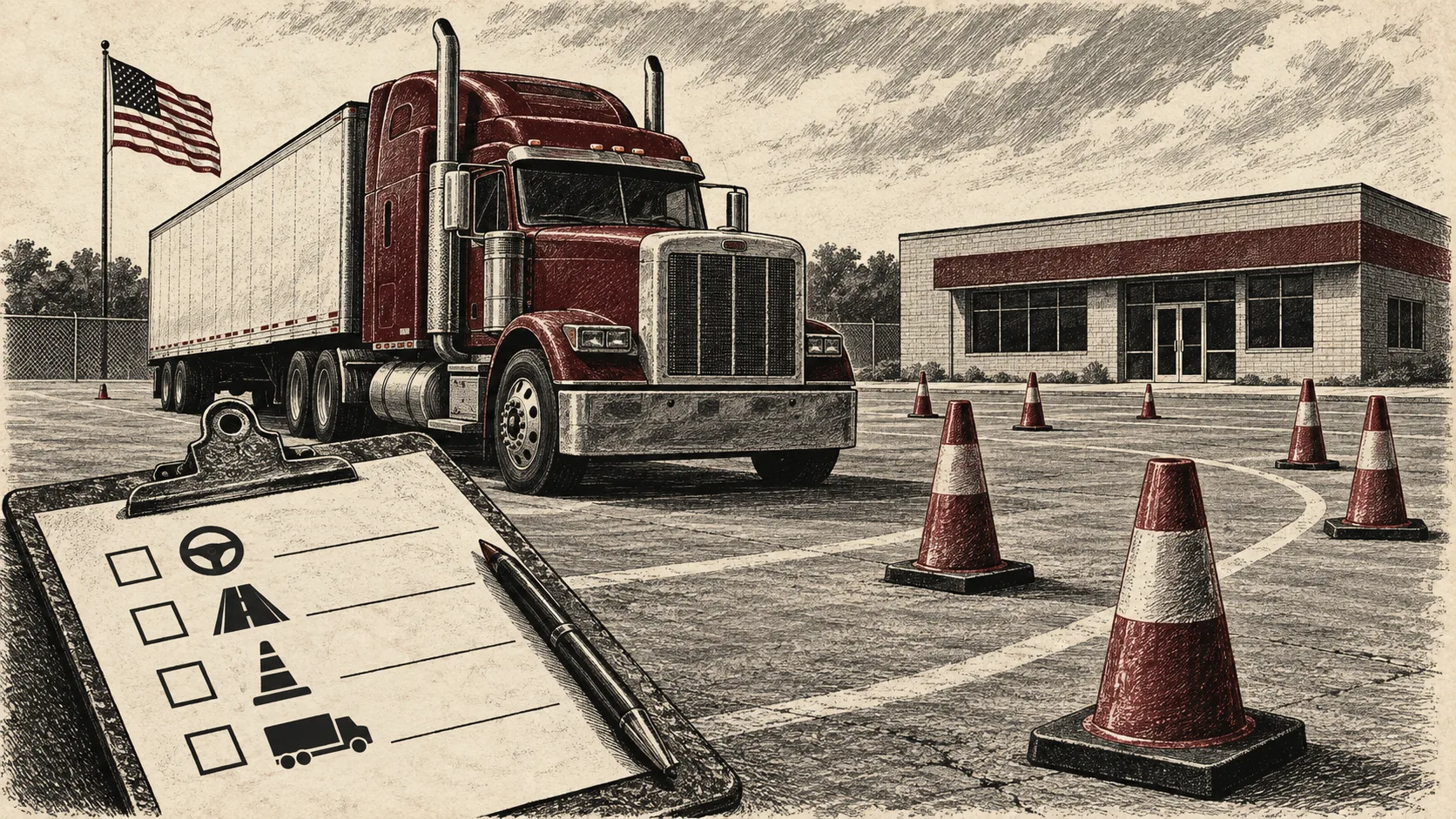 Editorial illustration of a semi truck, training cones and a driving-test clipboard