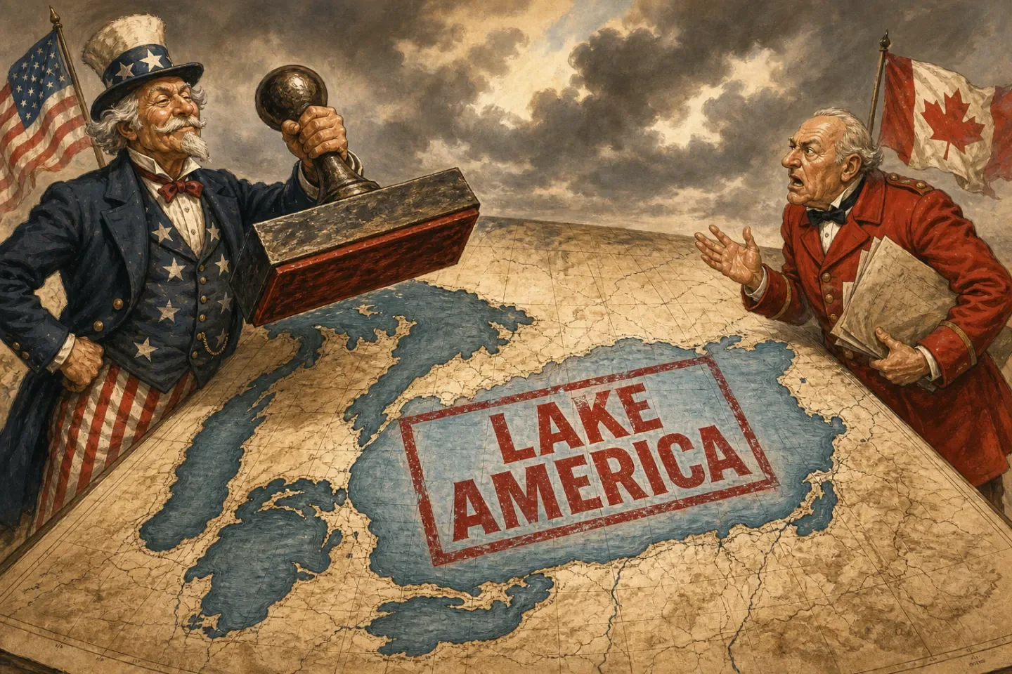 Vintage editorial illustration of an American surveyor stamping Lake America across a Great Lakes map as a Canadian official protests