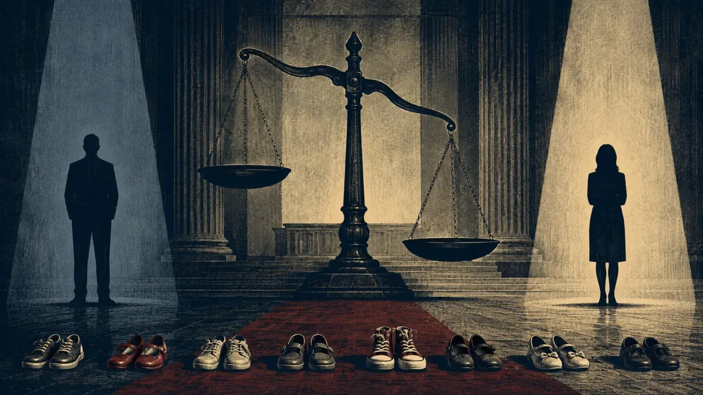 Editorial illustration of uneven scales of justice between male and female defendants, with children's shoes in the foreground