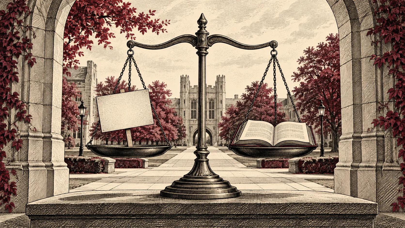 Editorial illustration of a balance scale holding a blank protest sign and a book before a university.