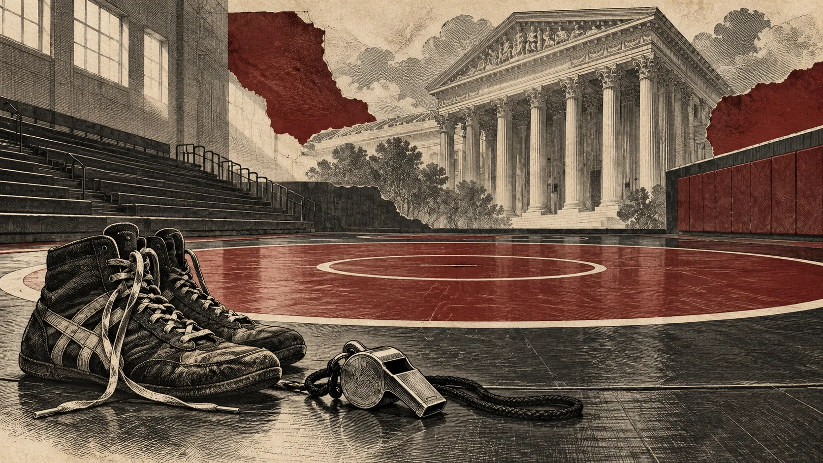 Engraved illustration of wrestling shoes and a whistle beside an empty mat, with courthouse columns in the background.
