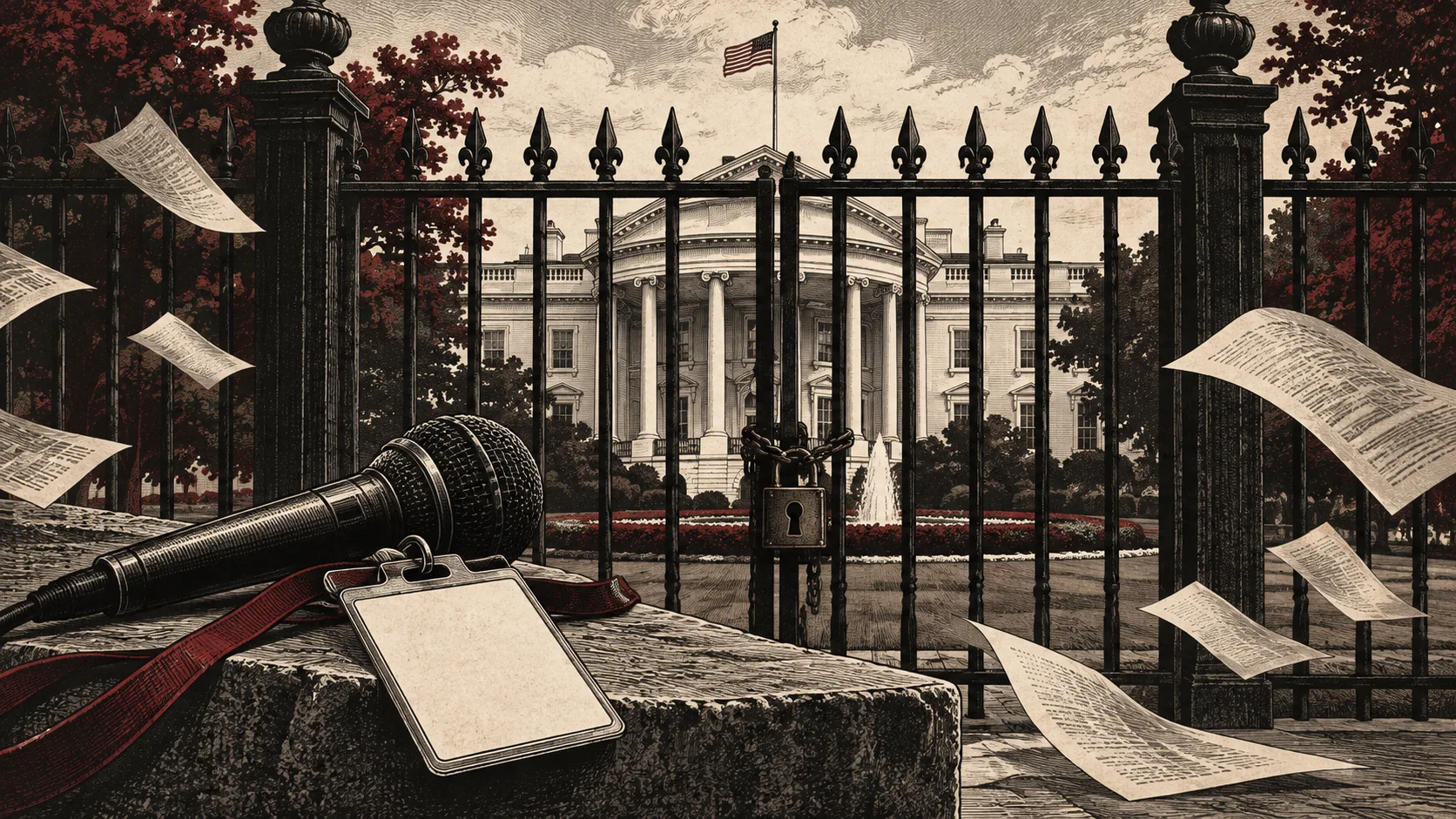 Editorial illustration of a microphone and press credential outside the White House gates