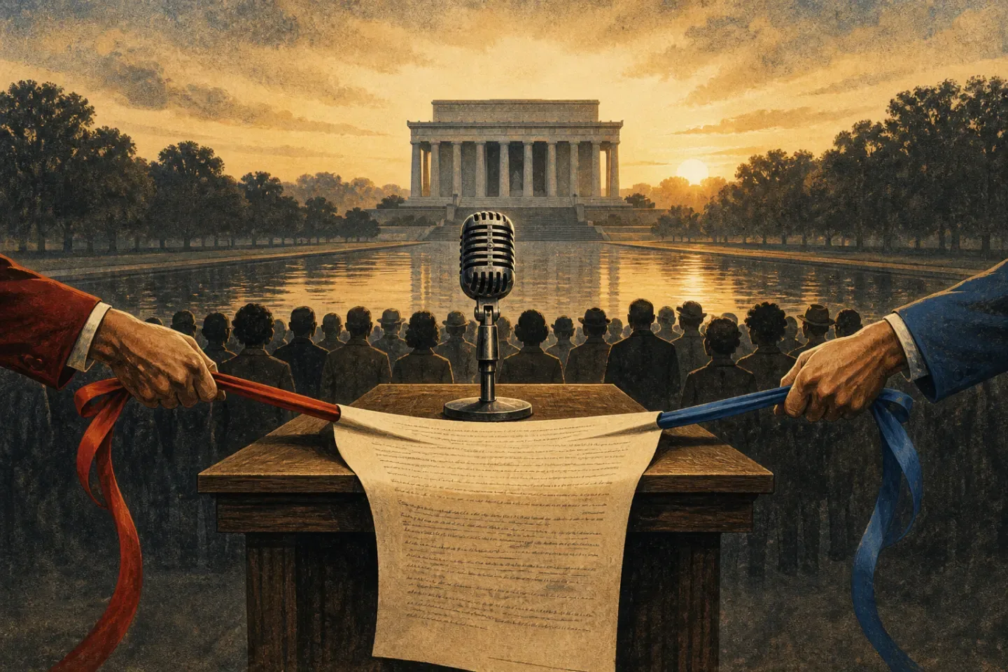 Editorial illustration of opposing political factions pulling at a civil-rights speech beside the Lincoln Memorial