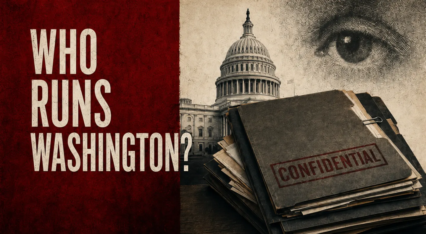 Editorial illustration asking who runs Washington, featuring the Capitol, confidential files, and a watchful eye