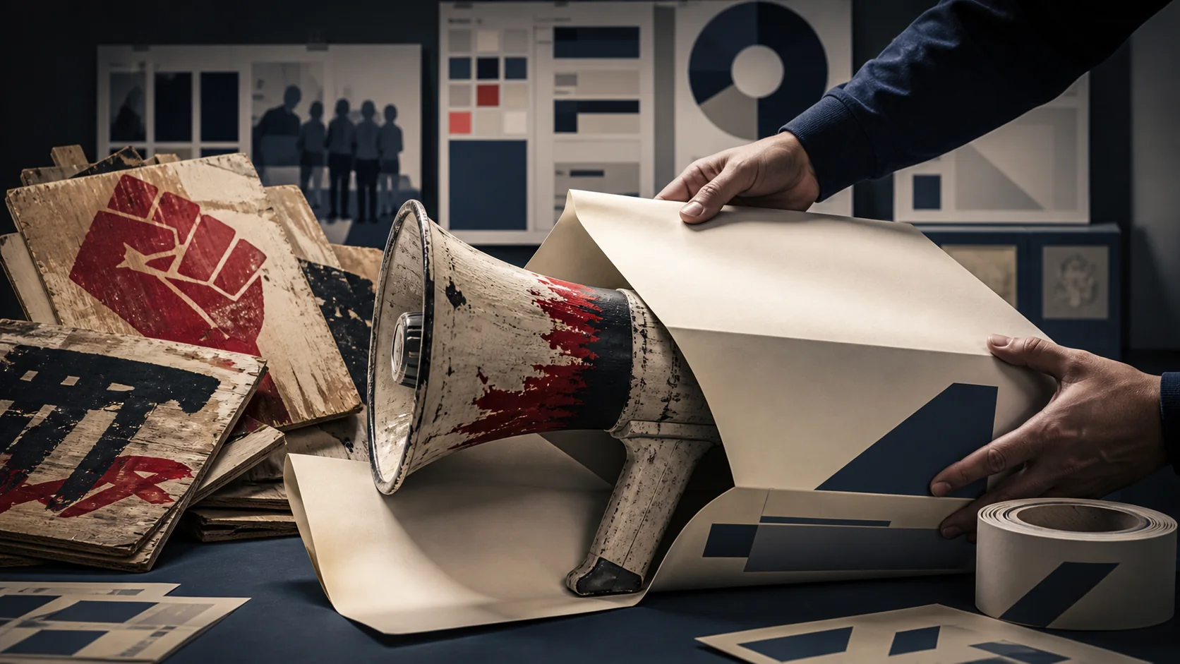 Editorial illustration of an old activist megaphone being wrapped in polished new packaging